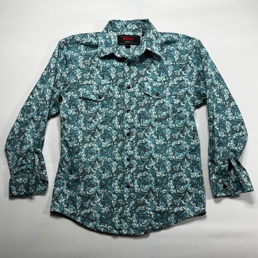 Rock & Roll Youth Boys Modern Fit Blue Paisley Pearl Snap Shirt - Size L*